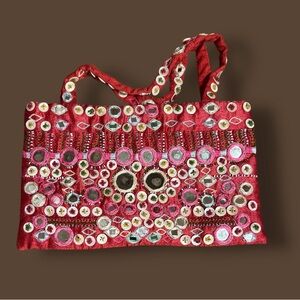 Christian Lacroix 90s Silk Tote Bag Red Embellished Beads Mirrors